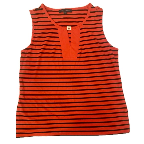 Red & black striped top. Silky soft; styled neck with designer ornament. - Picture 1 of 4